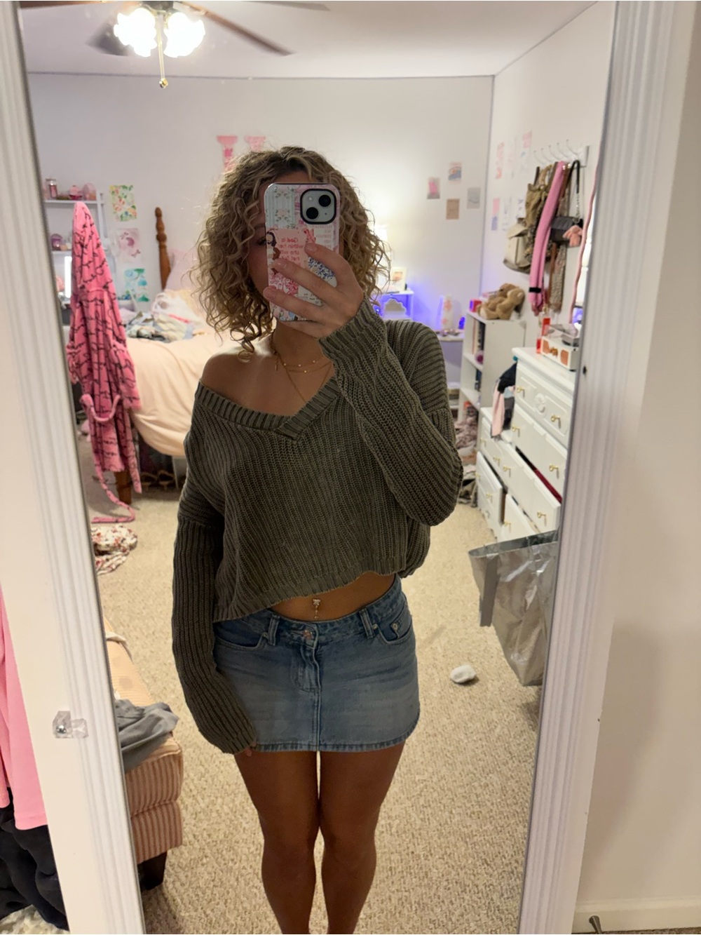 Aeropostale Olive Green Off-the-Shoulder V-Neck Ribbed Sweater